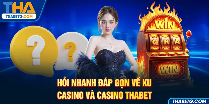 Hình ảnh hỏi nhanh đáp gọn về Ku Casino và casino THABET với biểu tượng câu hỏi và máy slot.
