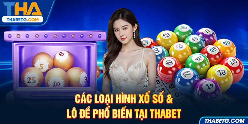 Hình ảnh các loại hình xổ số và lô đề phổ biến tại THABET với máy quay số và bóng số.