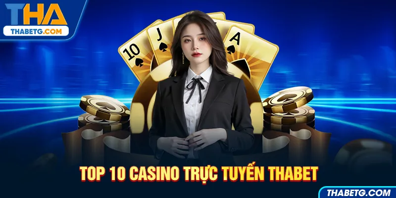 Hình ảnh top 10 casino trực tuyến tại THABET với chip casino và các lá bài