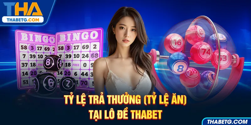 Hình ảnh tỷ lệ trả thưởng lô đề THABET với bóng số và máy quay số trên nền xanh.